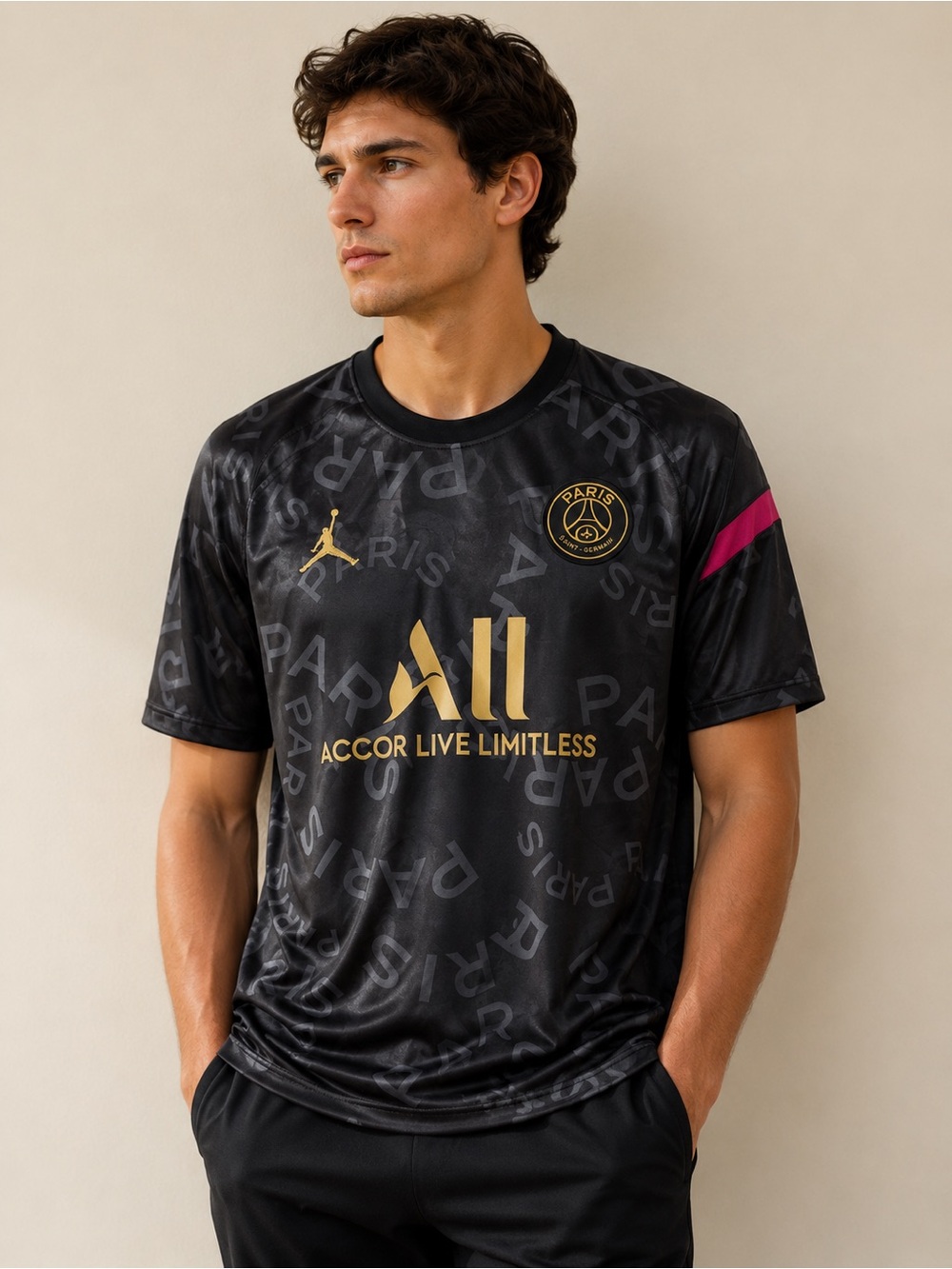 Jordan Men’s Black Jersey with Gold Logos and Pink Sleeve Detail